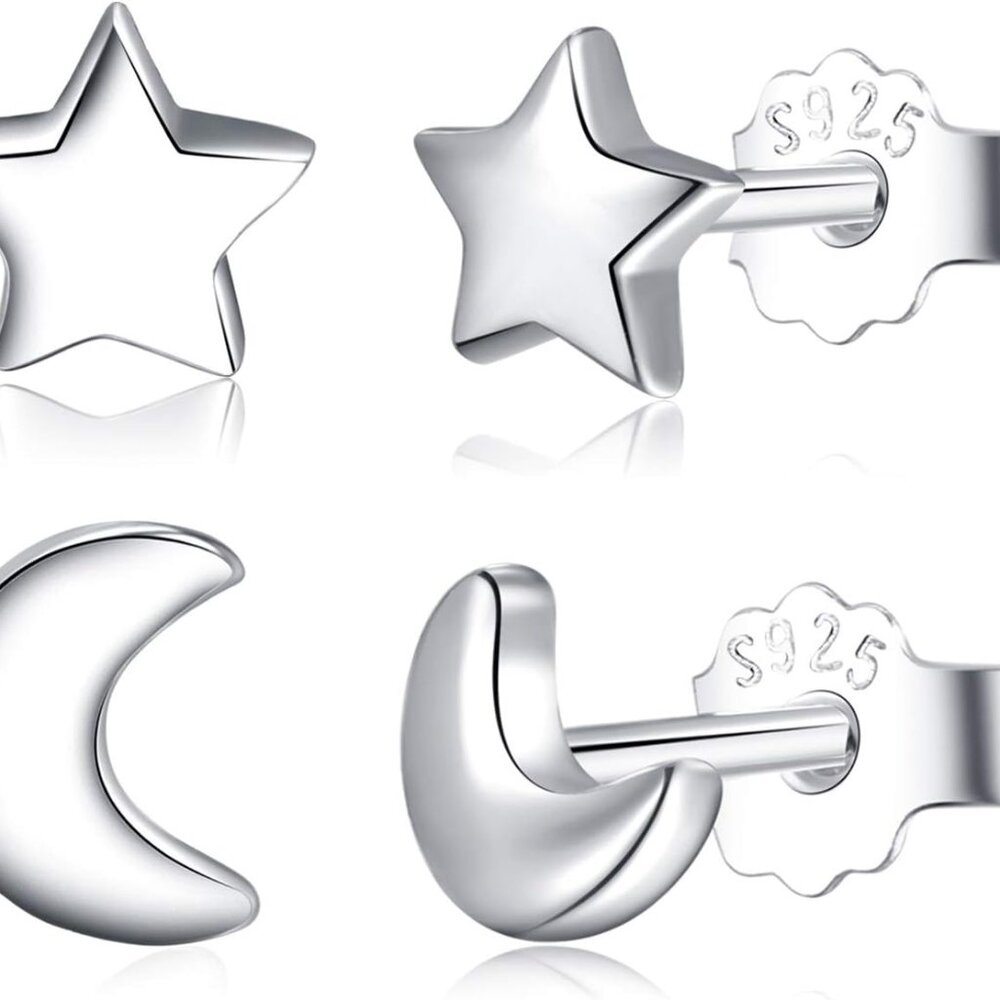 Solid Real 925 Sterling Silver Satr Moon Stud Earrings | Dainty Celestial Stud E